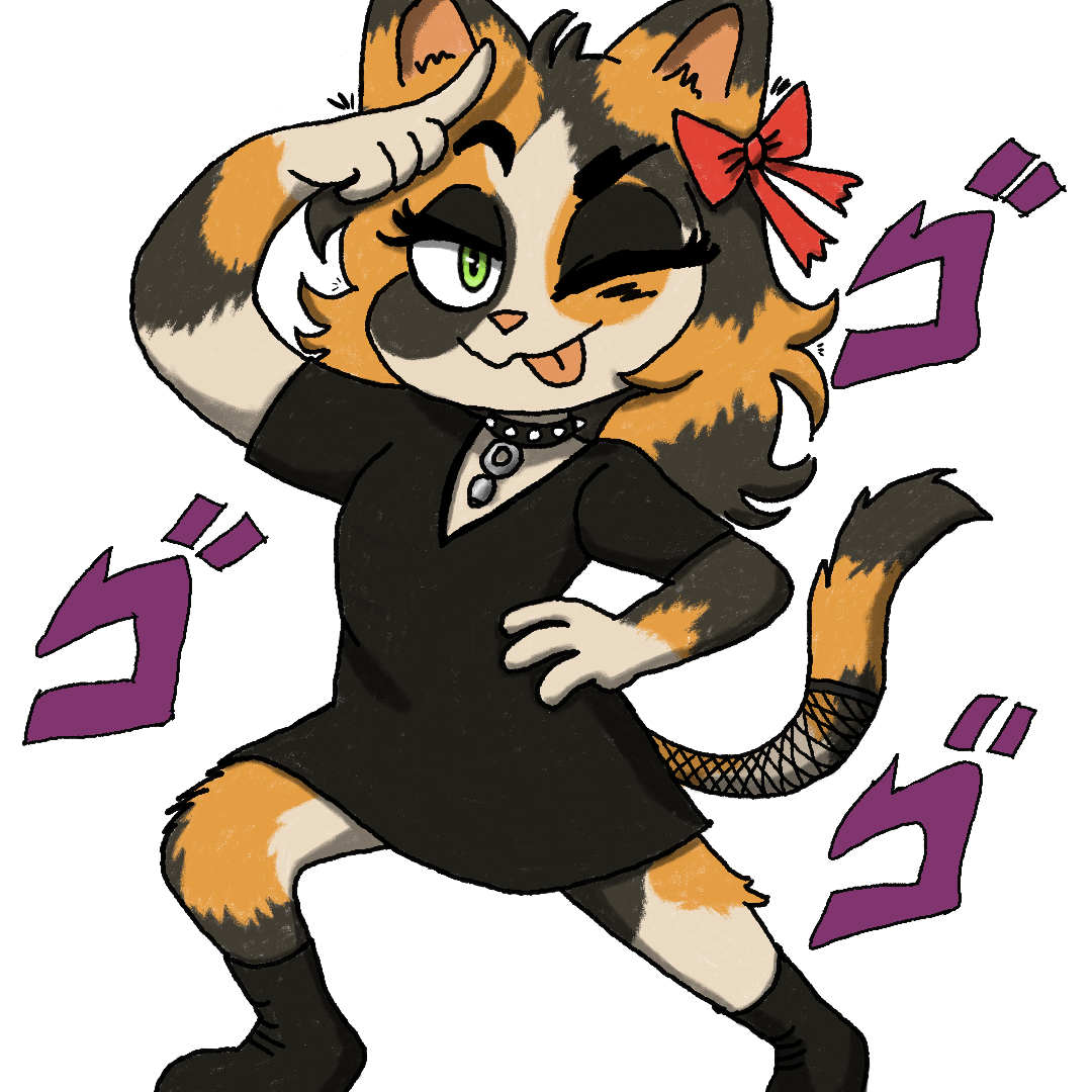 Marmalade as a calico posing like a Jojo character